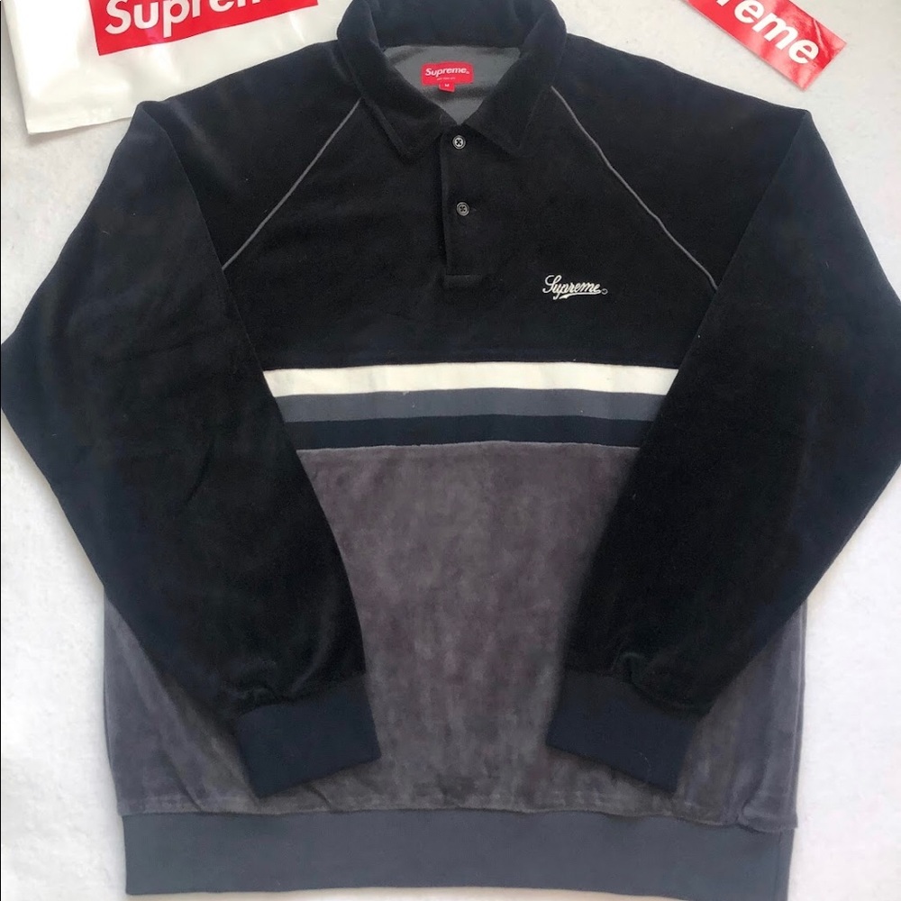SUPRME STRIPE VELOUR RAGLAN L/S POLO 100% AUTHENTIC